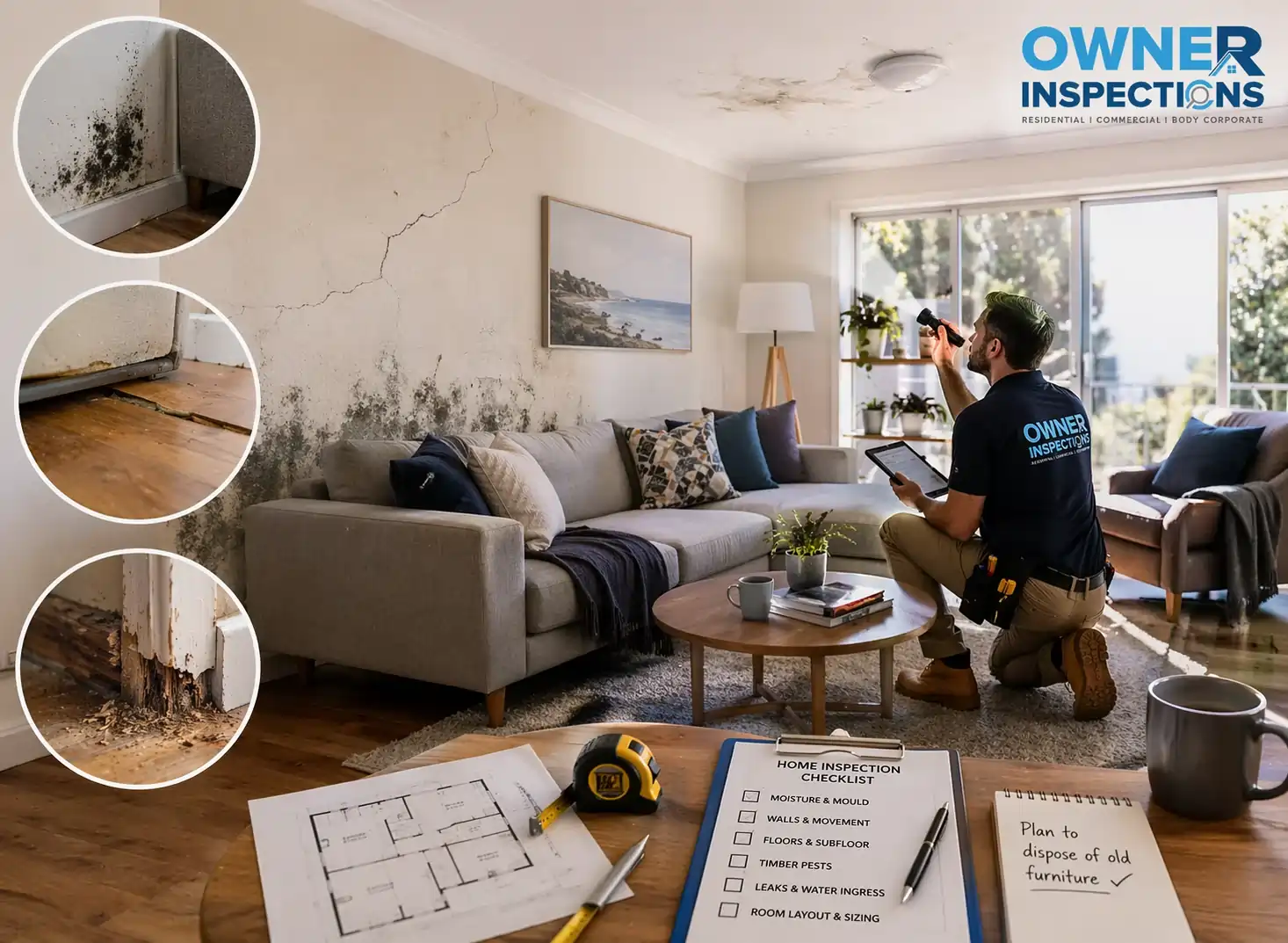 Owner Inspections inspector assessing a living room with visible mould, wall cracking, water staining and timber damage before furniture replacement