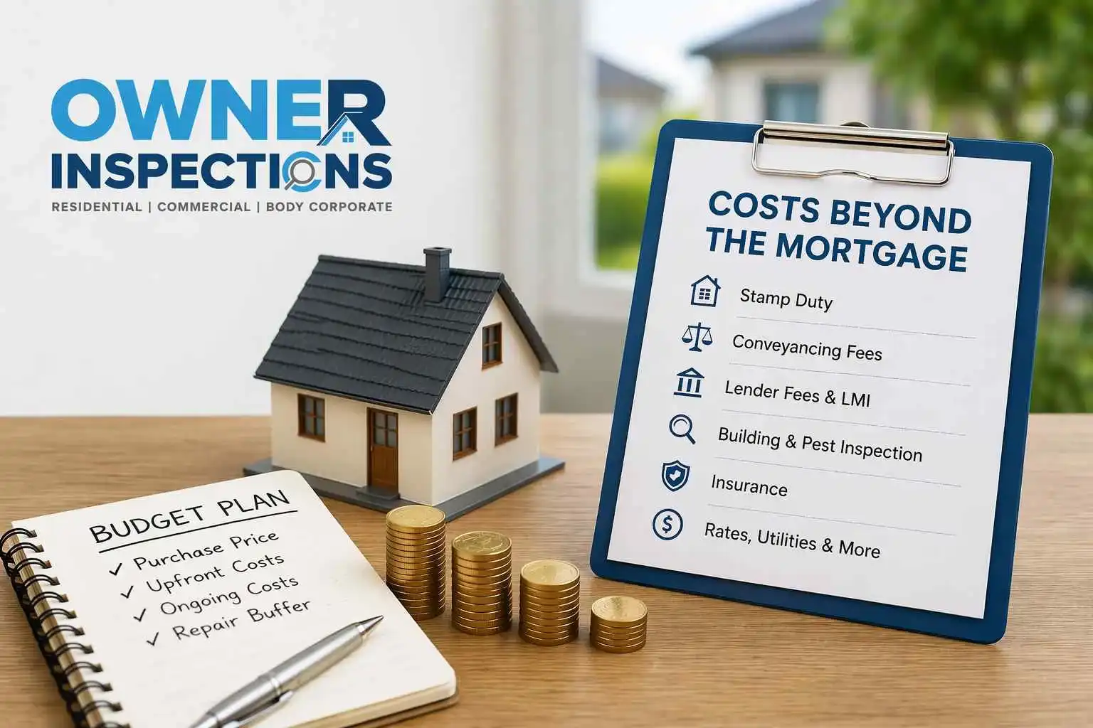 a model house, budget plan, coins and a clipboard outlining costs beyond the mortgage for Australian home buyers.
