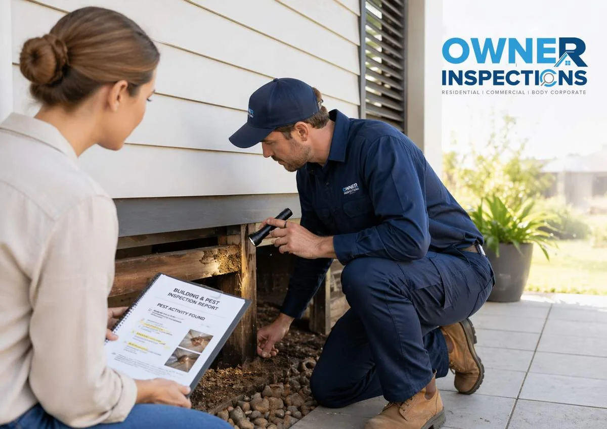 Building inspector checking termite damage outside an Australian home while a buyer reviews a building and pest inspection report with Owner Inspections logo.