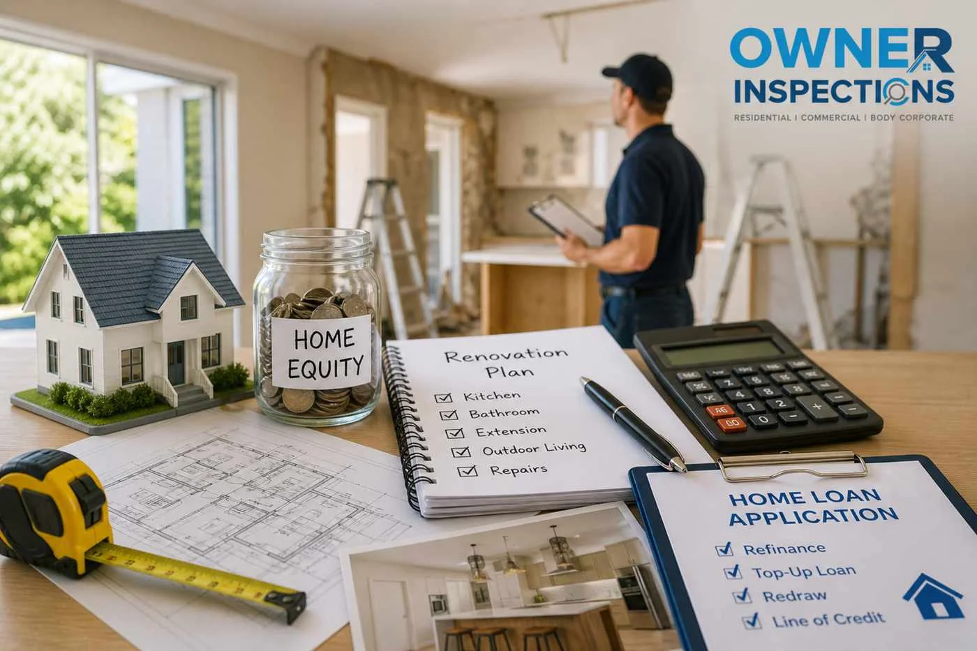 Home equity renovation planning with house model, renovation checklist, calculator and Owner Inspections logo