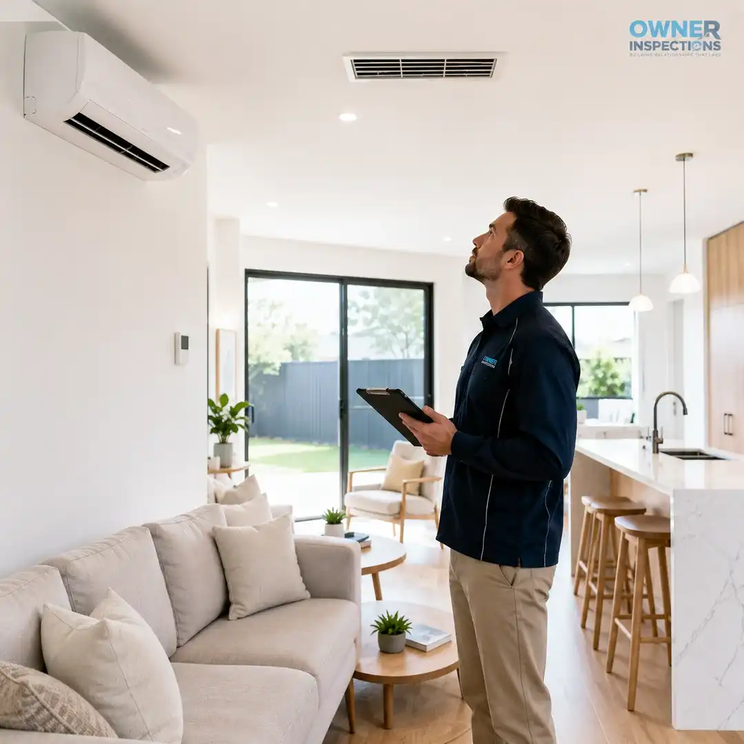 Inspector checking air conditioning installation in a new build home before handover