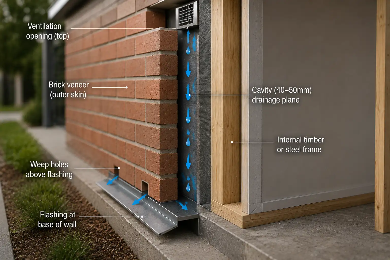 Brick veneer wall construction showing cavity drainage, flashing, ventilation opening, and weep holes above the base flashing for moisture control.