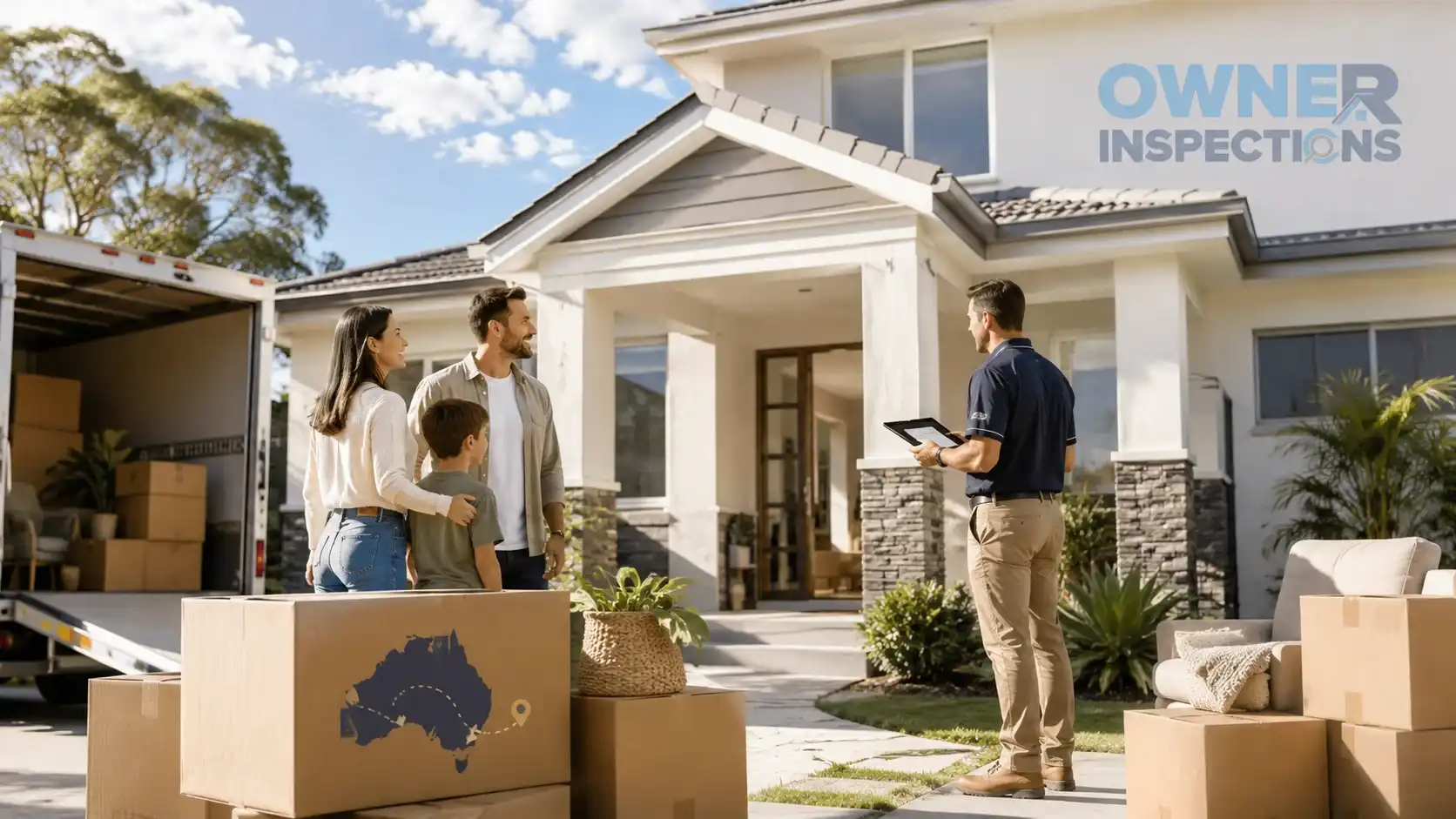 Family moving interstate into a new Australian home while a building inspector reviews the property condition before move-in.