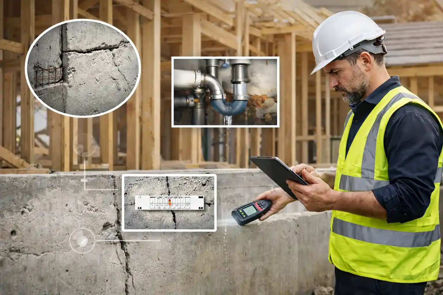 Building inspector conducting construction stage defect assessment on Australian construction site