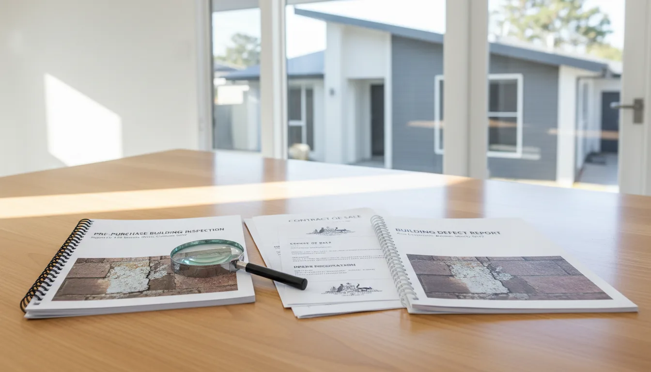 Two building reports side by side on a desk with a magnifying glass and Australian property in the background