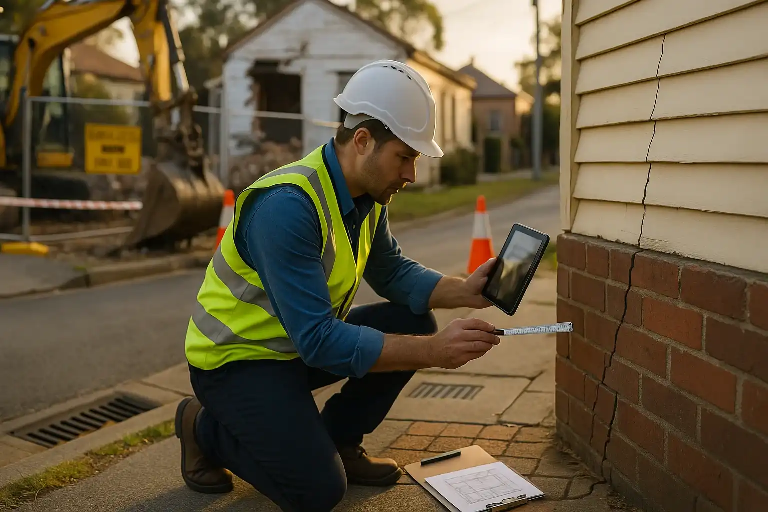 Building inspector documenting property condition before demolition in Australia