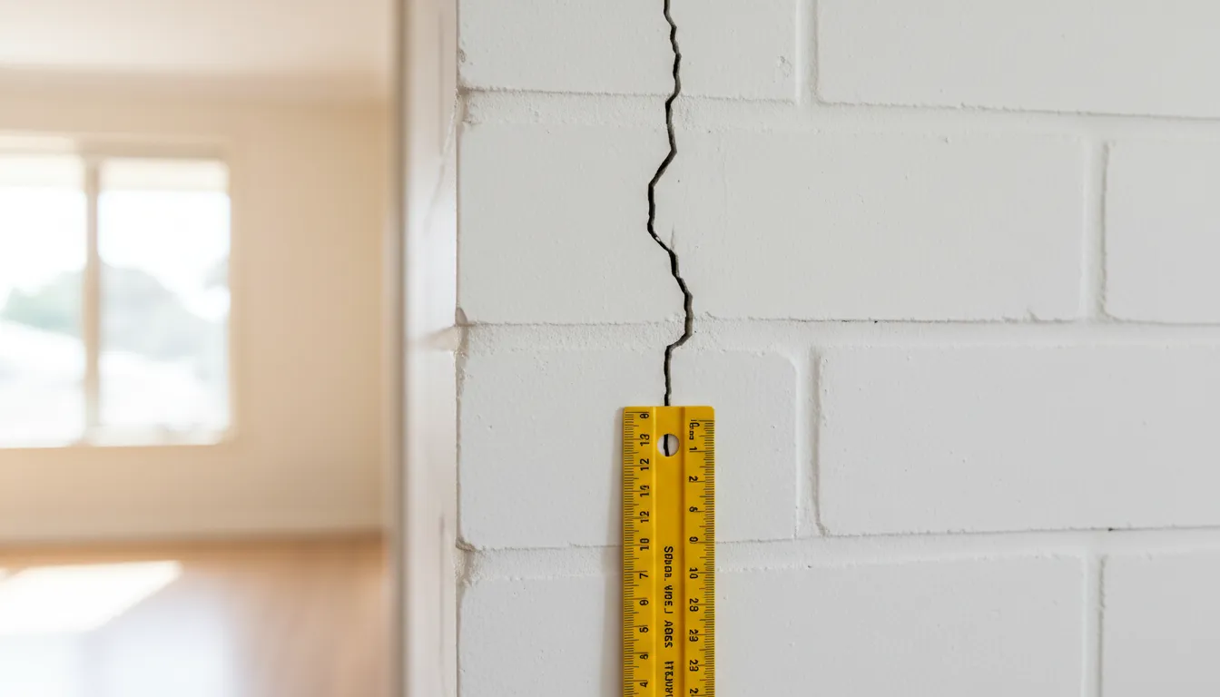 homeowner photographing a wall crack with ruler for scale