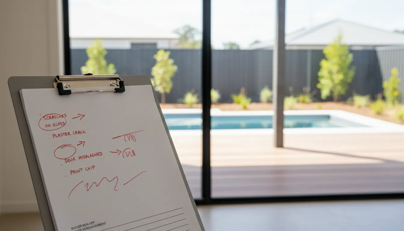 marked-up handover defects list on a clipboard