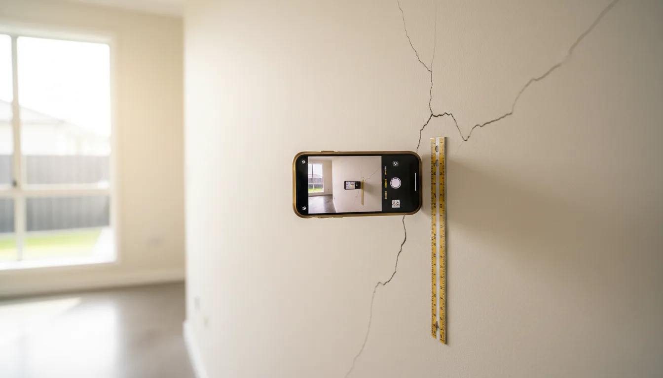 Homeowner photographing a wall crack with a smartphone and ruler for scale in an Australian home