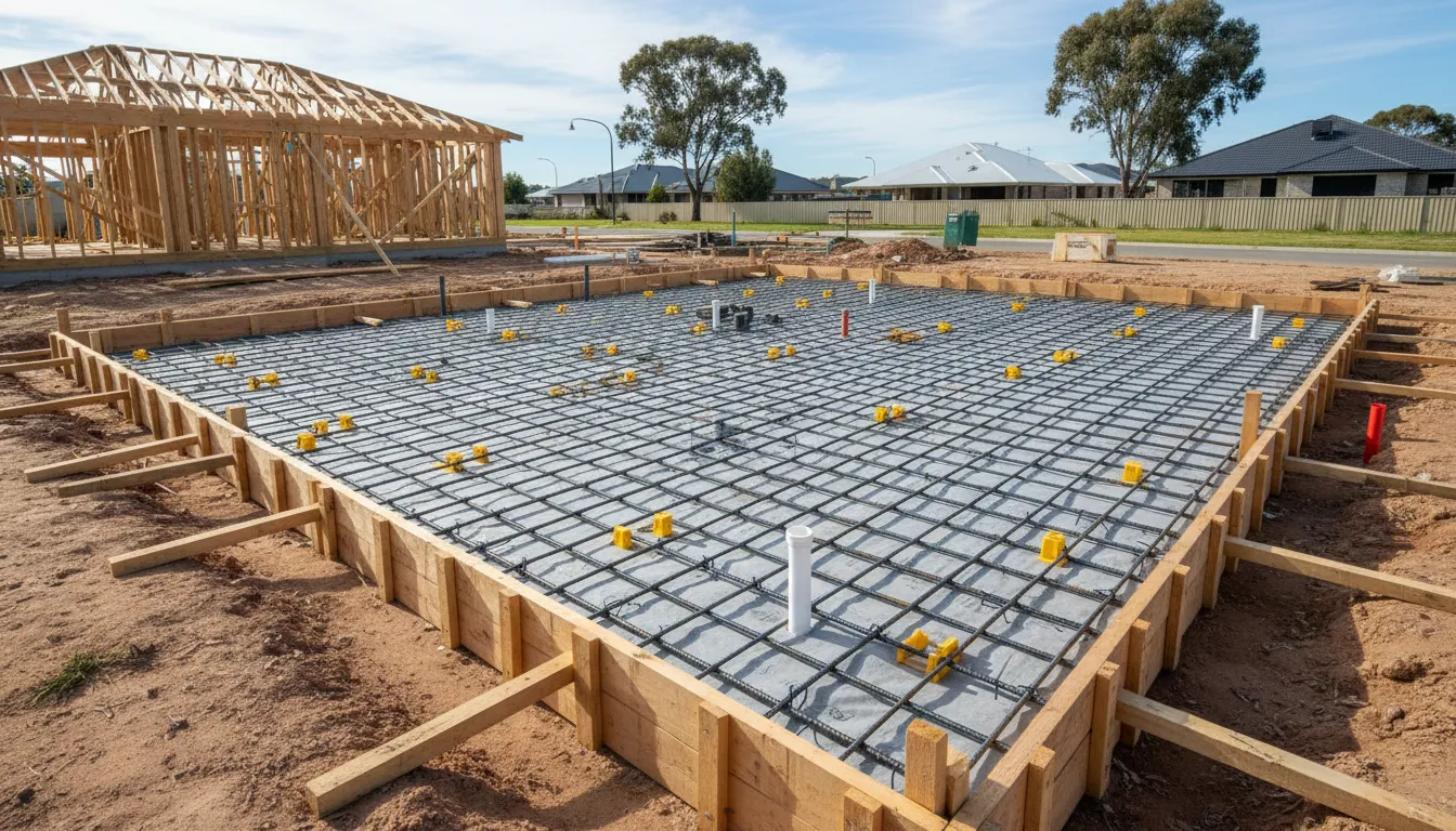 Inspector checking slab preparation and set-out during a residential slab stage inspection
Caption: Slab-stage issues are cheapest to fix before the pour.