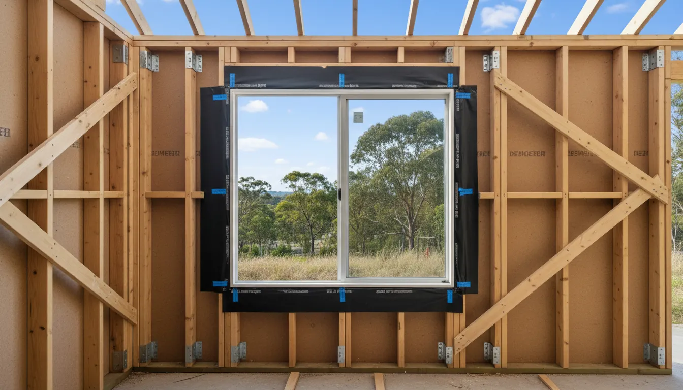 Inspector reviewing frame bracing and window flashing before wrap and cladding