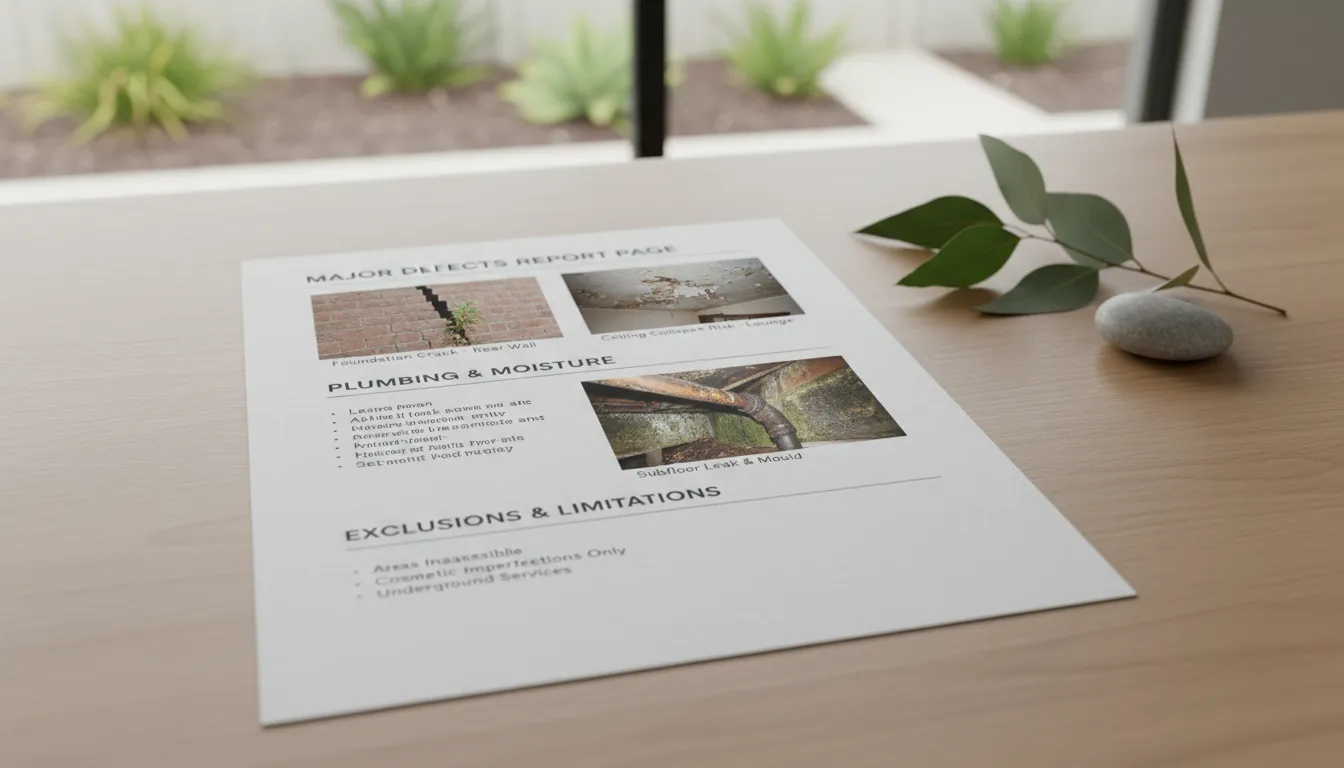 sample report page showing major defects, photos, and exclusions