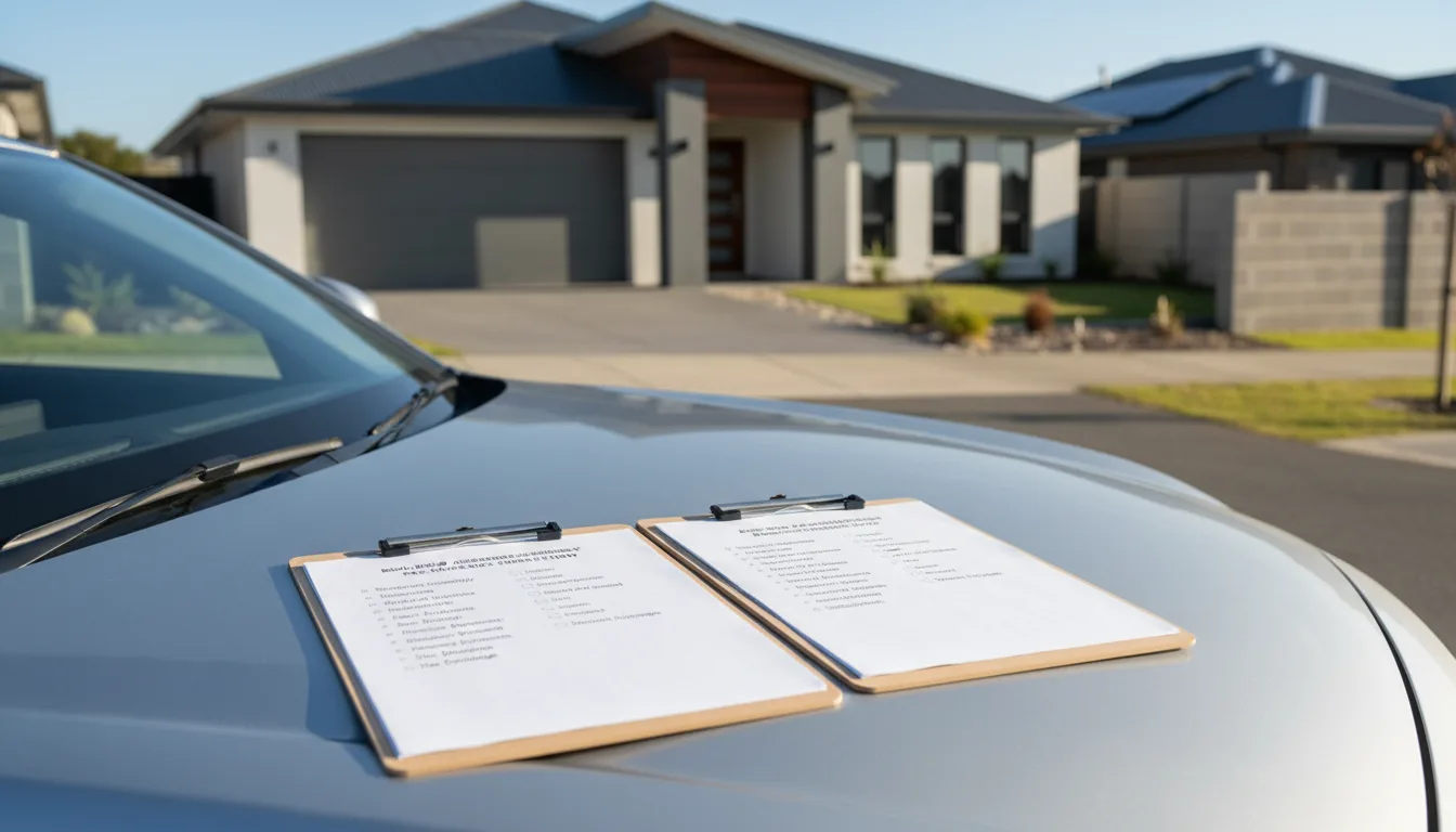 Two building assessors comparing property damage reports on a residential building site in Australia
