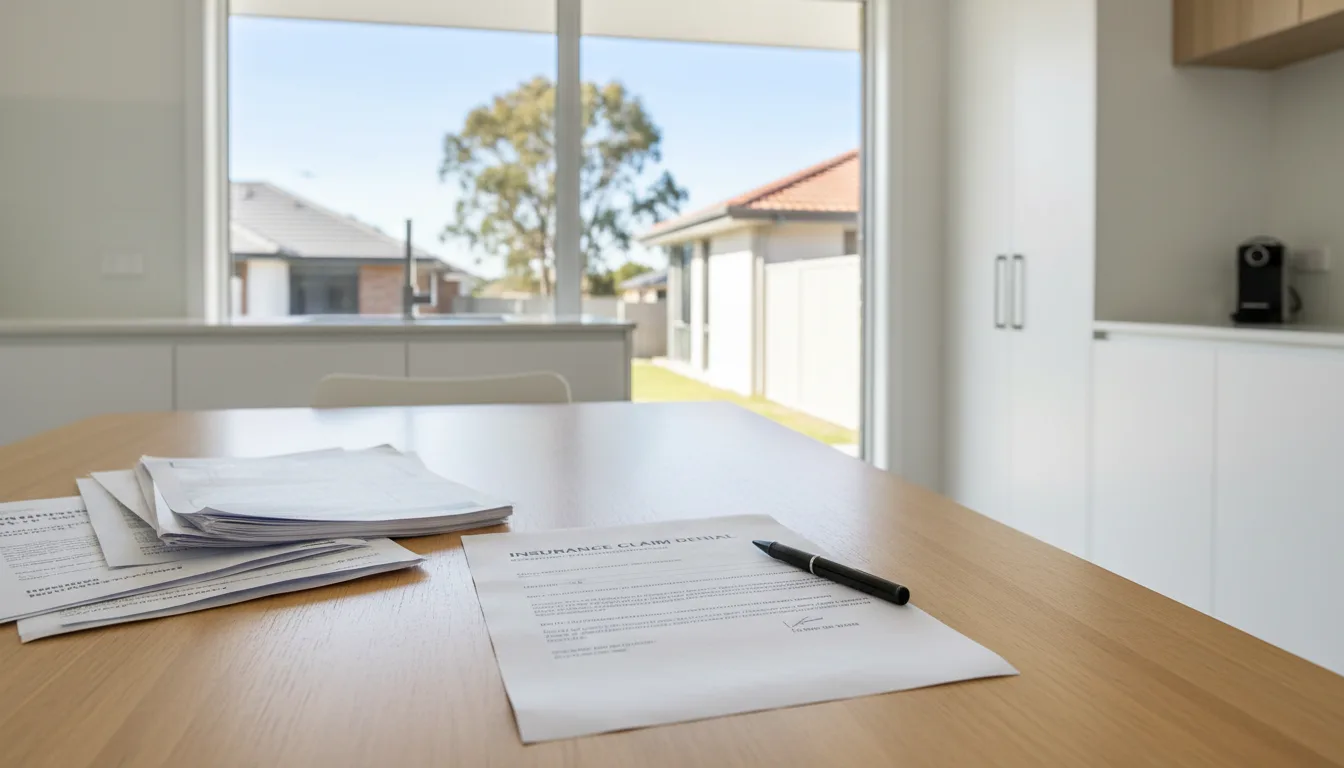 Australian homeowner reviewing an insurance claim denial letter at a kitchen table with property documents