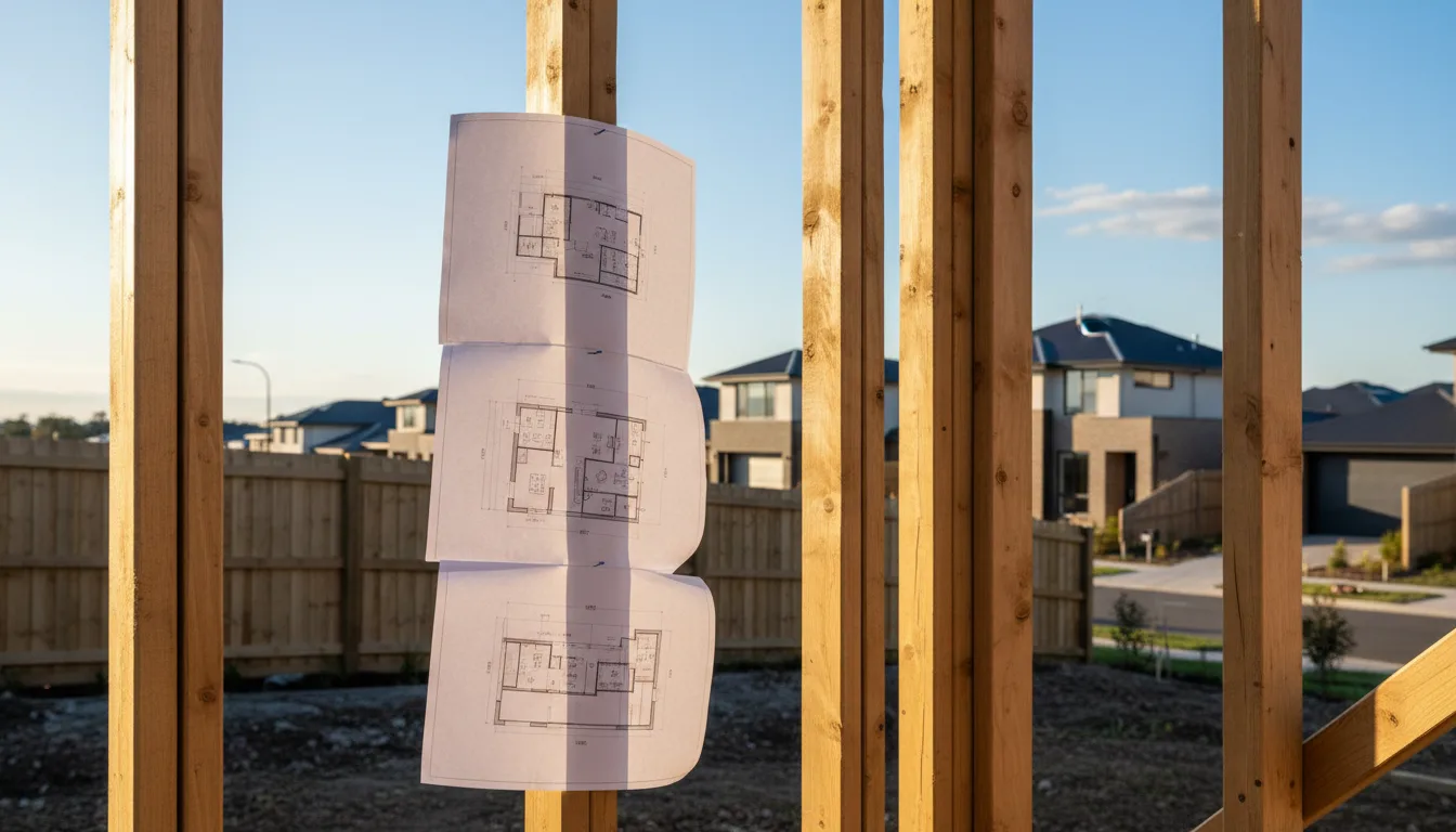 Owner builder reviewing building plans with a licensed inspector at a residential construction site