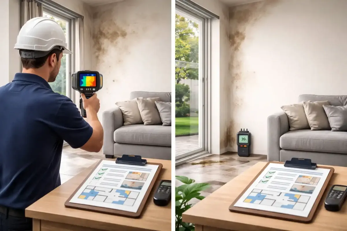 Inspector using moisture meter to assess water damage on an interior wall