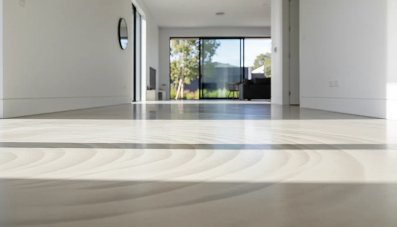 Swirl arcs and trowel circles visible under raking light on a light exposure polished concrete floor