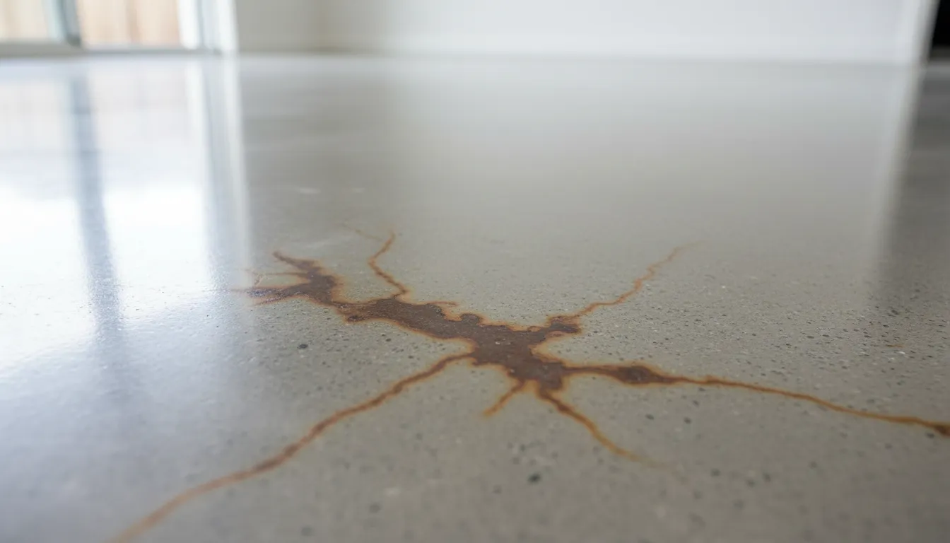 Rust stain trapped beneath a sealed polished concrete surface. Some stains become difficult to reduce once sealed in.