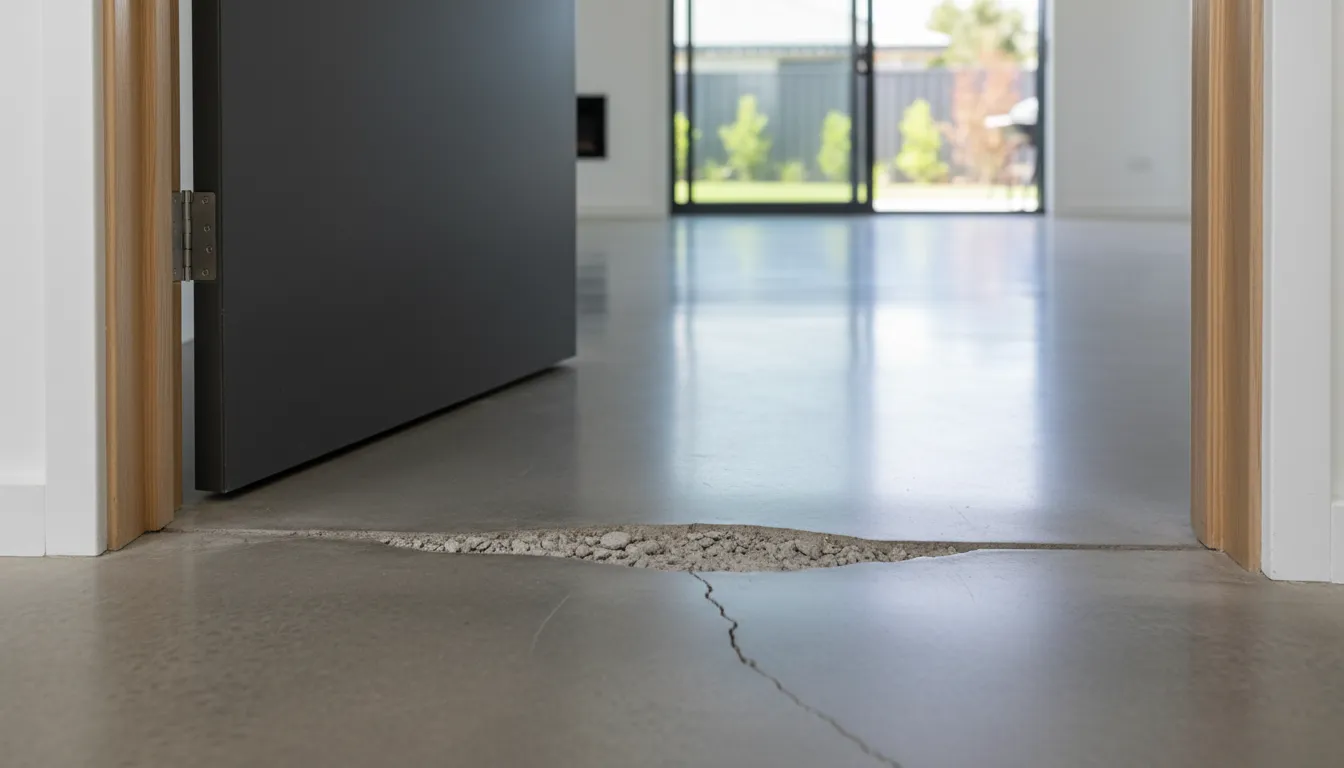 Crack crossing a doorway with spalled joint edge on polished concrete